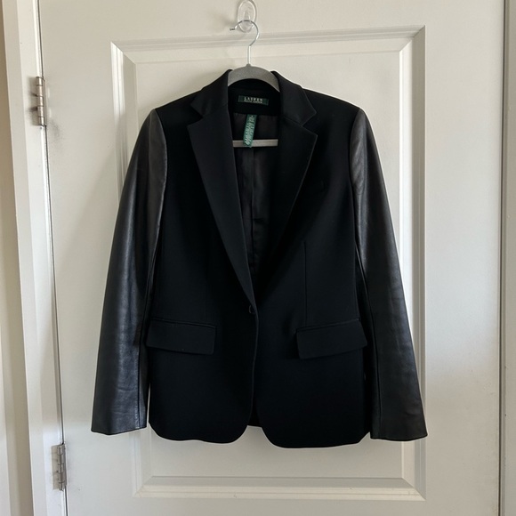 Lauren Ralph Lauren Women’s Wool Blazer Leather Sleeve Single Button 4 B…